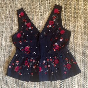 J. Crew Black Top with Red Floral Embroidery